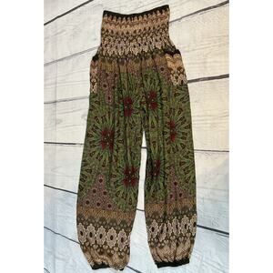 Straight Leg Harem Pants in Green Boho Floral Print One Size Fits Most